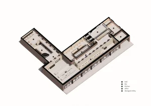 2D floor plan of a modern space with dining area, kitchen, and office spaces, featuring white walls and various furniture and elements