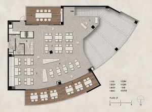 2D floor plan of a modern building interior with wood flooring and neutral color palette, featuring various rooms and spaces