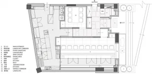 Modern open-plan dining kitchen with commercial sinks, modern furniture, and efficient use of space