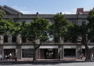 A classic brick building with a tree in front, providing shade and a touch of nature to the urban environment