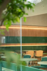 Cozy restaurant interior with green walls, wooden floors, and potted plants, featuring multiple tables and chairs in a modern setting