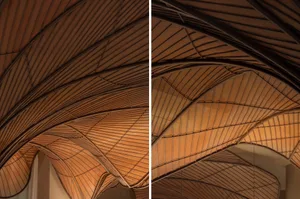 A photo of a building with wooden beams and panels, blending traditional and modern design elements