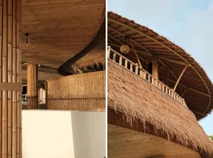 Rustic building with wooden elements, large windows, and a warm atmosphere