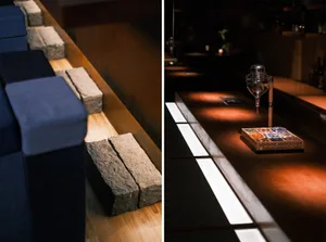 Floor plan of a bar area with a countertop, bench, walls, doors, and windows
