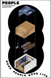 A modern house floor plan with multiple levels, featuring a kitchen, living area, and bedroom, with concrete walls and ample natural light