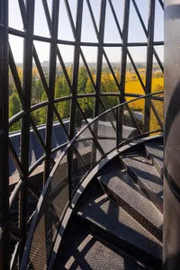 A rendered image of a spiral staircase with a metal railing surrounded by trees, creating a sense of openness and connection to nature