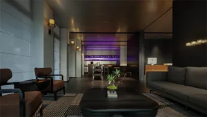 Elegant wine bar with a black table, chairs, and bottles, surrounded by dark wood accents and a sophisticated atmosphere