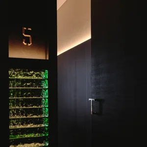 A dark bathroom with two green glass doors and a black doorway leading to the space