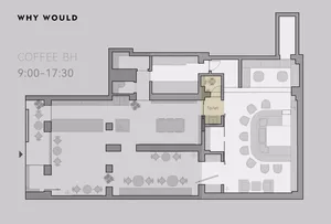 2D floor plan of a modern hotel with clear lines, minimal decoration, and well-lit spaces