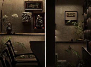 A modern living room with two views, featuring chairs, tables, vases, plants, artwork, and books, with a cozy atmosphere and clean lines