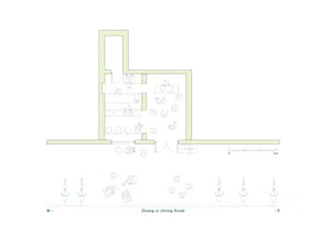A modern hotel floor plan with various rooms and spaces labeled, featuring a ground level and upper floors, with clean lines and minimalistic design elements