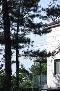 A modern house with a large glass wall and trees in front, conveying luxury and sophistication
