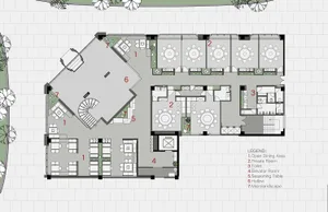 2D floor plan of a modern dining space with multiple tables, chairs, and potted plants, featuring linework, labels, and symbols