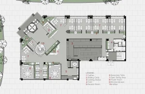 2D floor plan of a modern hotel with various rooms, elevators, and staircases