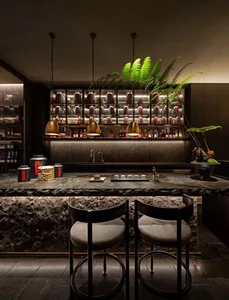 Sleek modern kitchen with a large island bar, gray countertops, and potted plants, featuring a sink and stools for seating