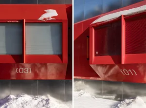 A red building with snowy windows in one image and bare windows in another, showcasing the same structure in different weather conditions