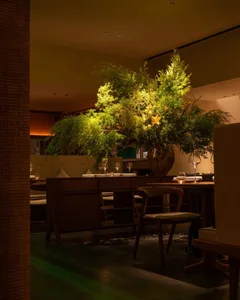 A warm and inviting dining area with a large tree in the center, surrounded by chairs and tables, and wine glasses on the tables