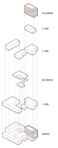 Black and white floor plan of a multi-level building with stairs connecting different floors