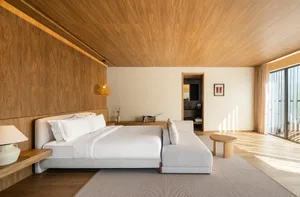 Open living area with wooden floors and walls, featuring a combined bedroom and living room with a cozy atmosphere, two couches, a chair, a dining table, and a potted plant