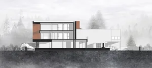 A modern house with multiple levels, large windows, and a calm atmosphere, featuring a living area and dining area