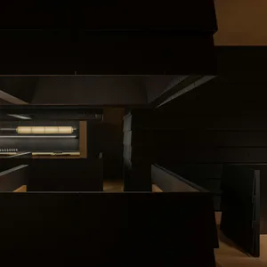 Empty modern kitchen with black walls, a refrigerator, and a sink, featuring a minimalist design