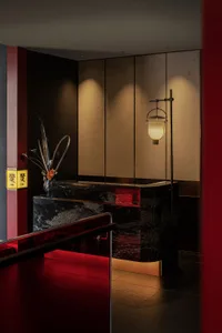 Elegant kitchen with a black marble countertop, a vase, and a sophisticated atmosphere, well-lit by natural or artificial light