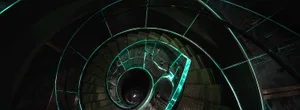 A futuristic spiral staircase with green lighting, made of metal, in a modern building