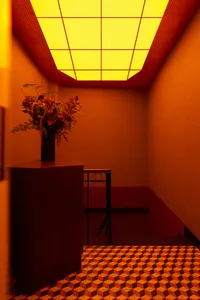 A warm and inviting hotel hallway with a red carpet, vases, and a potted plant, set against an orange-lit background