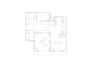 Architectural drawing of a modern house with multiple levels, featuring a living area, dining area, kitchen, and bedrooms