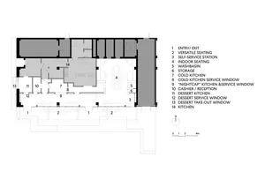 2D floor plan of a modern restaurant with various rooms, seating arrangements, entrances, and exits