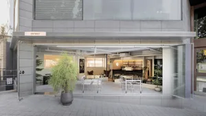 Modern restaurant interior with a bar area, dining tables, and potted plants, featuring white and grey walls and overhead lighting