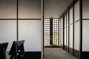A clean and minimalist hallway with a large window, two potted plants, and a chair, flooded with natural light