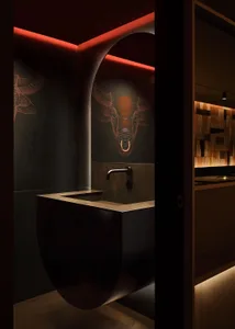 Bathroom with a sink, toilet, and decorative bull horns above the sink, set in a dimly lit space