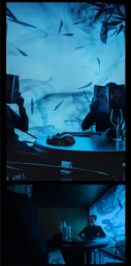 Two photographs of men dining at tables with wine glasses and books, one with three people and the other with two