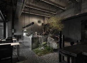 Modern cafe interior with concrete walls, wood elements, and a large potted plant, featuring several dining tables and chairs, and decorative vases