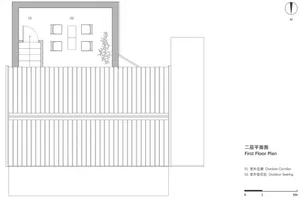 Architectural drawing of a modern building with a balcony, featuring a top-down view of the layout and several windows for natural lighting