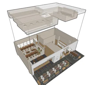 A modern interior space with multiple dining tables, chairs, and benches, surrounded by potted plants and a welcoming atmosphere