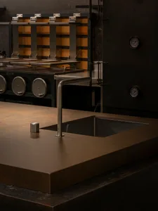 Modern kitchen with a metal sink and two ovens, surrounded by sleek surfaces and a minimalist aesthetic