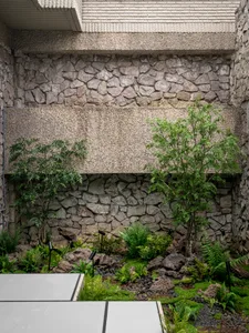 A serene indoor space with a stone wall covered in plants, a bench, and multiple potted plants of various sizes