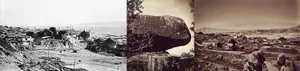 Black and white photos of a rock formation in a field, with trees and a natural ambiance