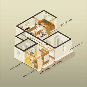 Architectural rendering of a modern home interior with wooden floors and walls, featuring a kitchen, dining area, living room, and bedroom, with chairs and potted plants