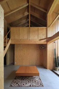 Open living area with wooden walls and floors, featuring a couch, chair, tables, and a potted plant