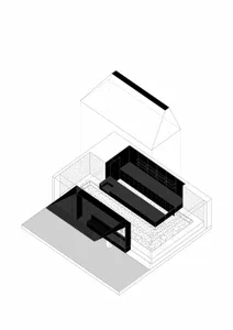 Black and white rendering of a modern living room with a couch and chairs, giving off a minimalist vibe