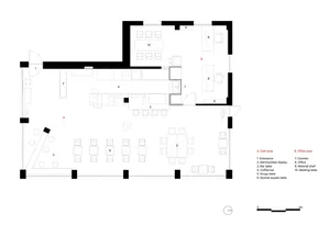 2D floor plan of a modern coffee shop with various rooms, chairs, and dining tables
