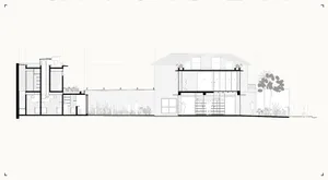 Architectural rendering of a modern house with a white exterior, open living area, and backyard patio, featuring people in a comfortable and inviting atmosphere