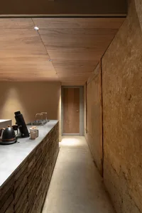 A clean and organized kitchen with two sinks, a countertop with various items, and four bottles scattered around the space
