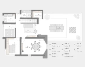 3D architectural rendering of a house with a mix of styles, featuring a living room, dining area, kitchen, and storage room