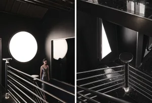 Black and white photos of a modern metal staircase with two women standing on the stairs in one photo and one woman in the other
