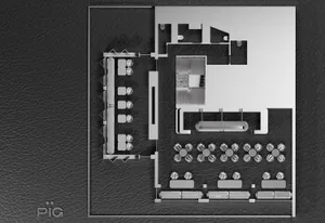 2D floor plan of a modern restaurant with steel and glass walls and ceiling, featuring multiple dining tables and chairs, with daytime lighting