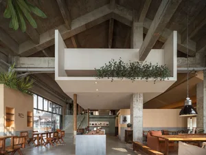Modern open living area with high ceiling, dining table, couches, and potted plants
